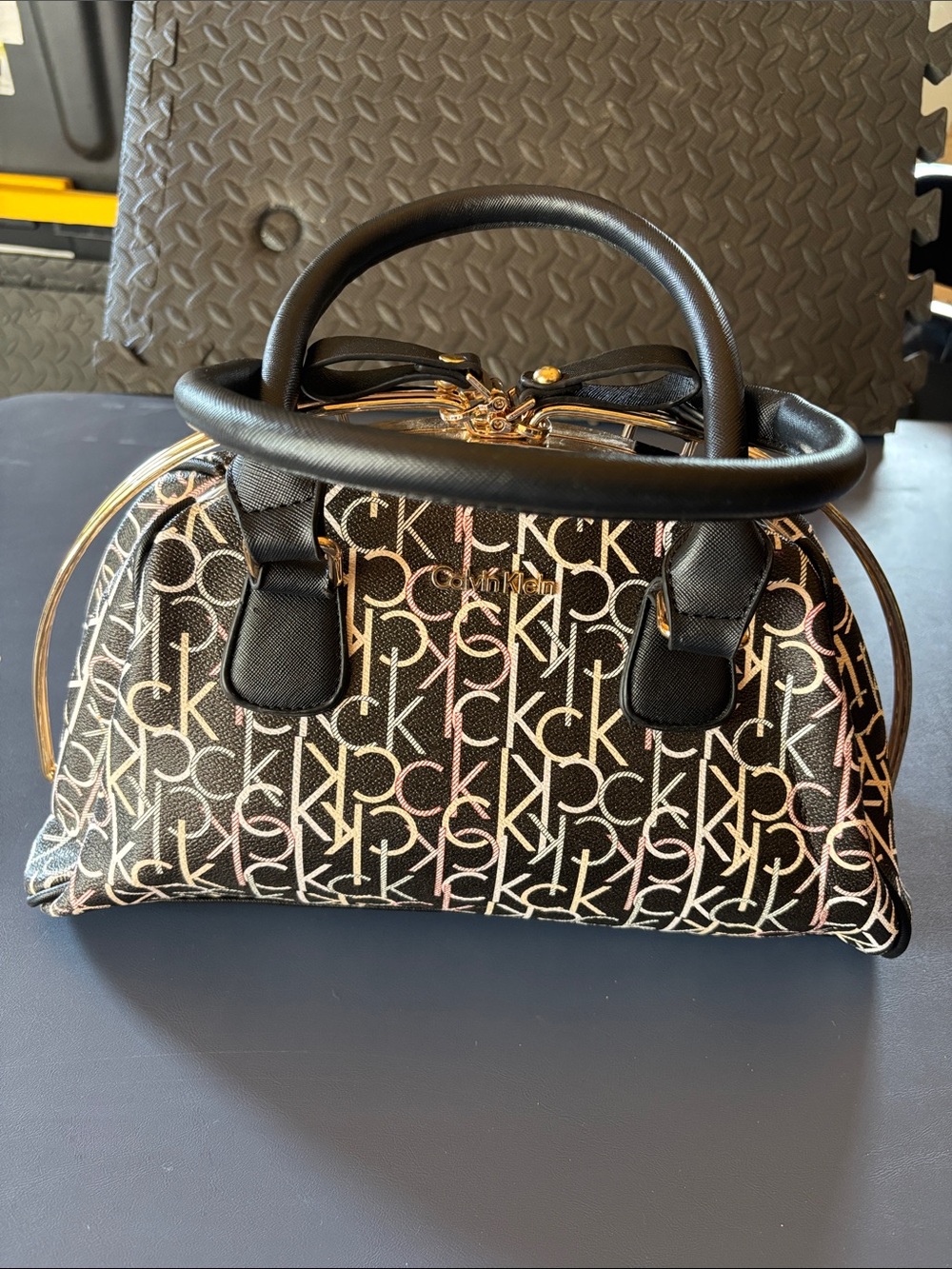 Calvin Klein Black Monogram Satchel with Gold Trim Purse